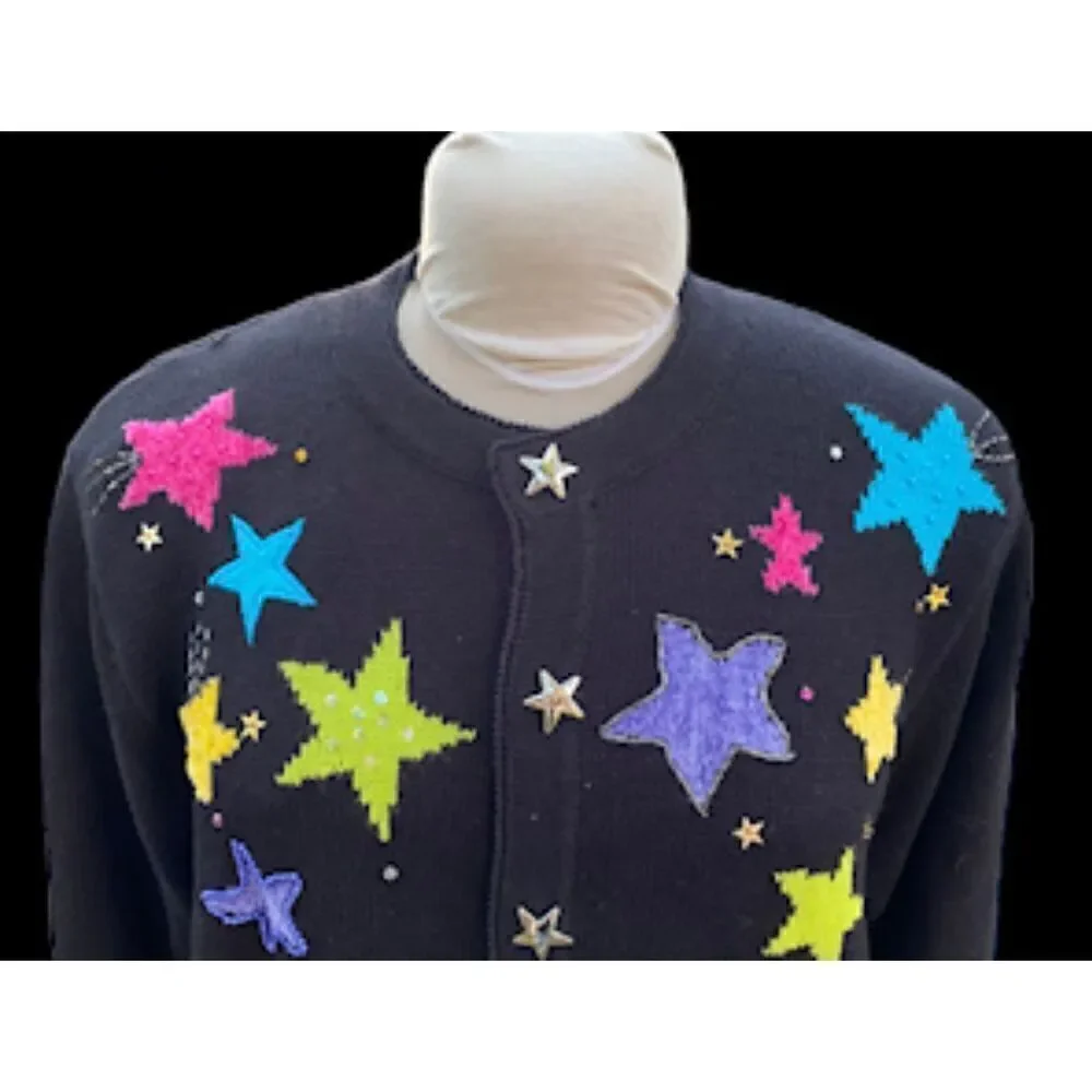 Jack B. Quick Cardigan Multi-Color Stars w/Star Buttons Size L Vintage Whimsy - Picture 3 of 10